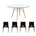 Combo Mesa de Vidrio 90 Cm + 4 Sillas Eames Eiffel Negras patas de madera