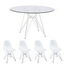 Combo Mesa de Vidrio 90 Cm + 4 Sillas Eames Eiffel Blancas y cromo